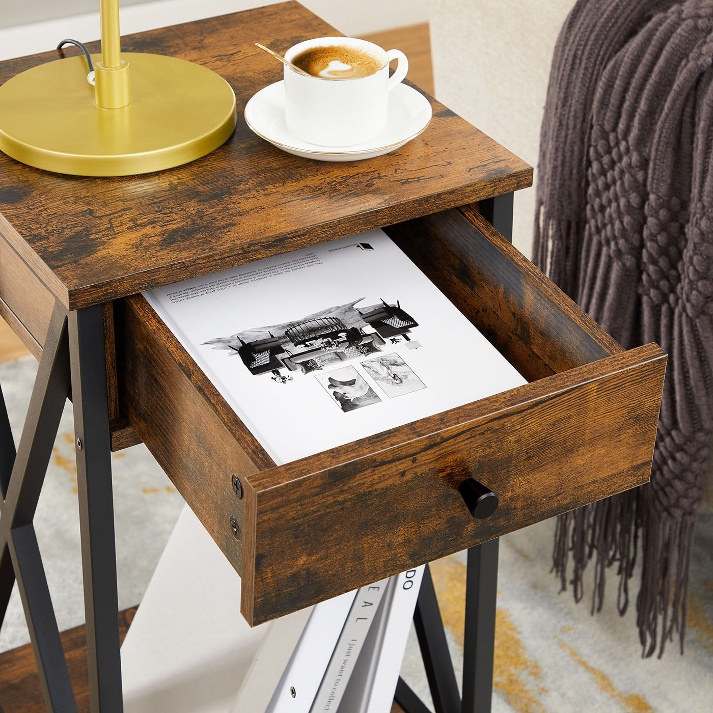 Nightstand – Wood and Metal – Rustic Brown and Black – Industrial Design with Drawer and Storage Shelf