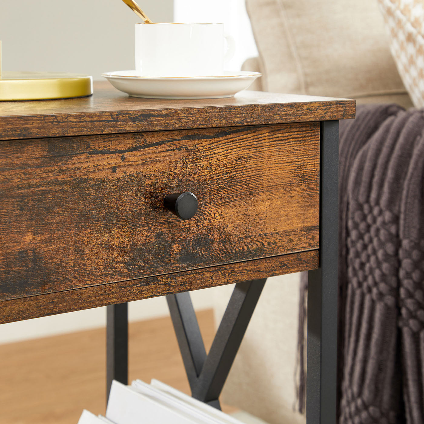 Nightstand – Wood and Metal – Rustic Brown and Black – Industrial Design with Drawer and Storage Shelf