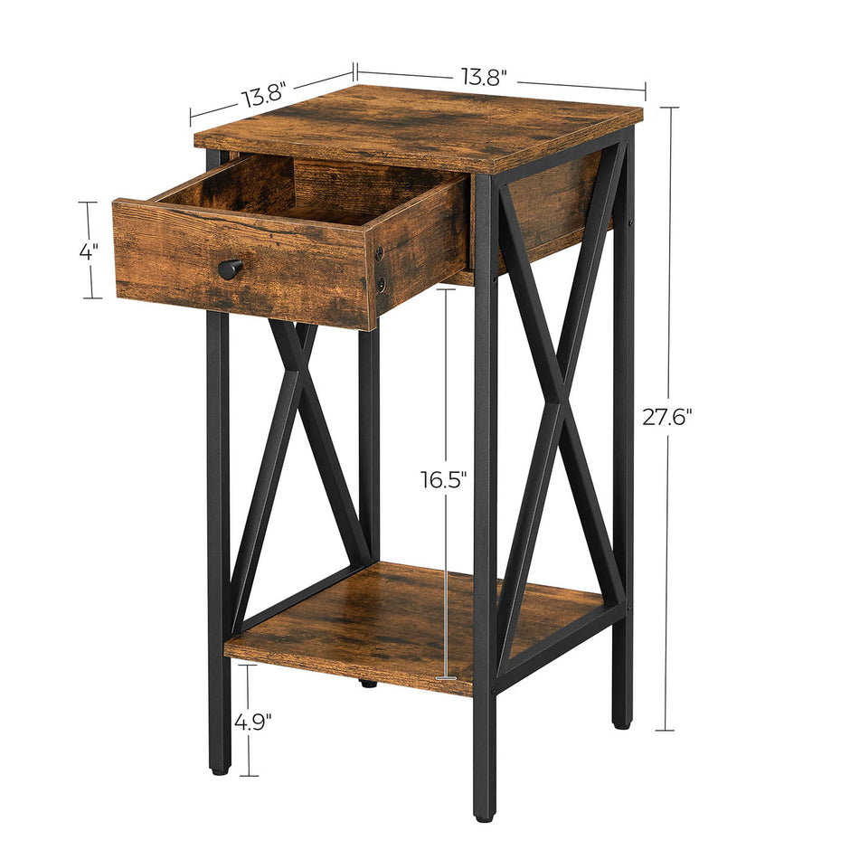 Nightstand – Wood and Metal – Rustic Brown and Black – Industrial Design with Drawer and Storage Shelf
