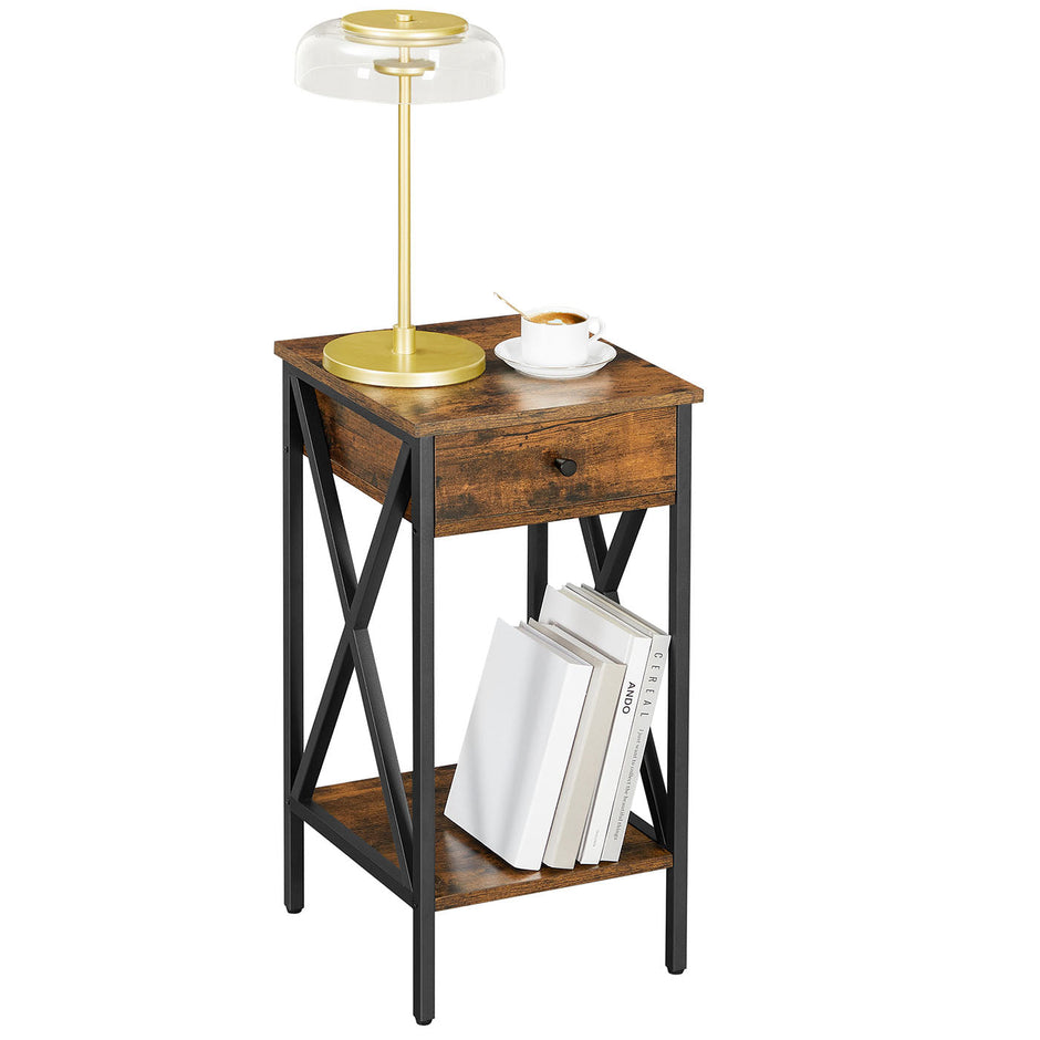 Nightstand – Wood and Metal – Rustic Brown and Black – Industrial Design with Drawer and Storage Shelf