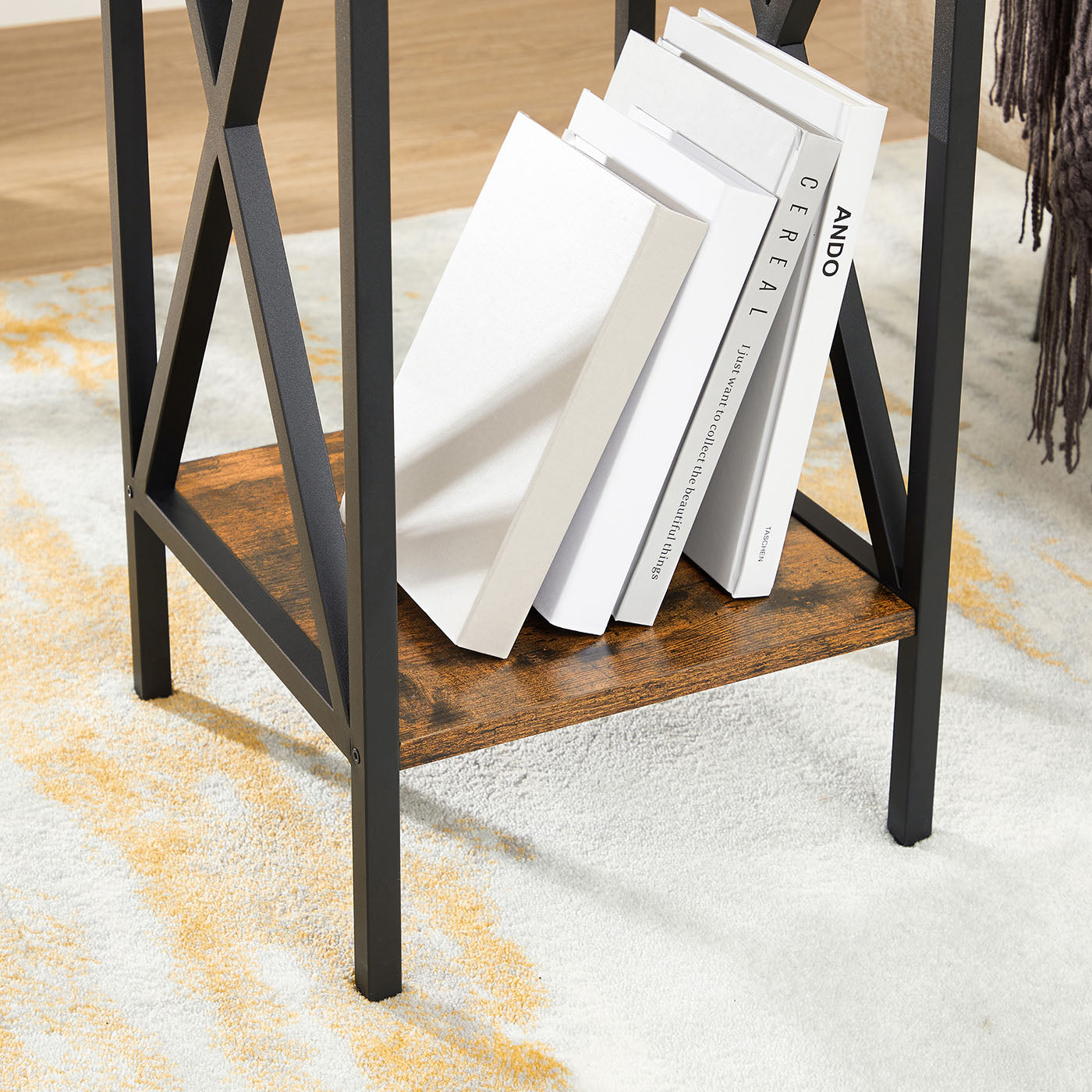 Nightstand – Wood and Metal – Rustic Brown and Black – Industrial Design with Drawer and Storage Shelf