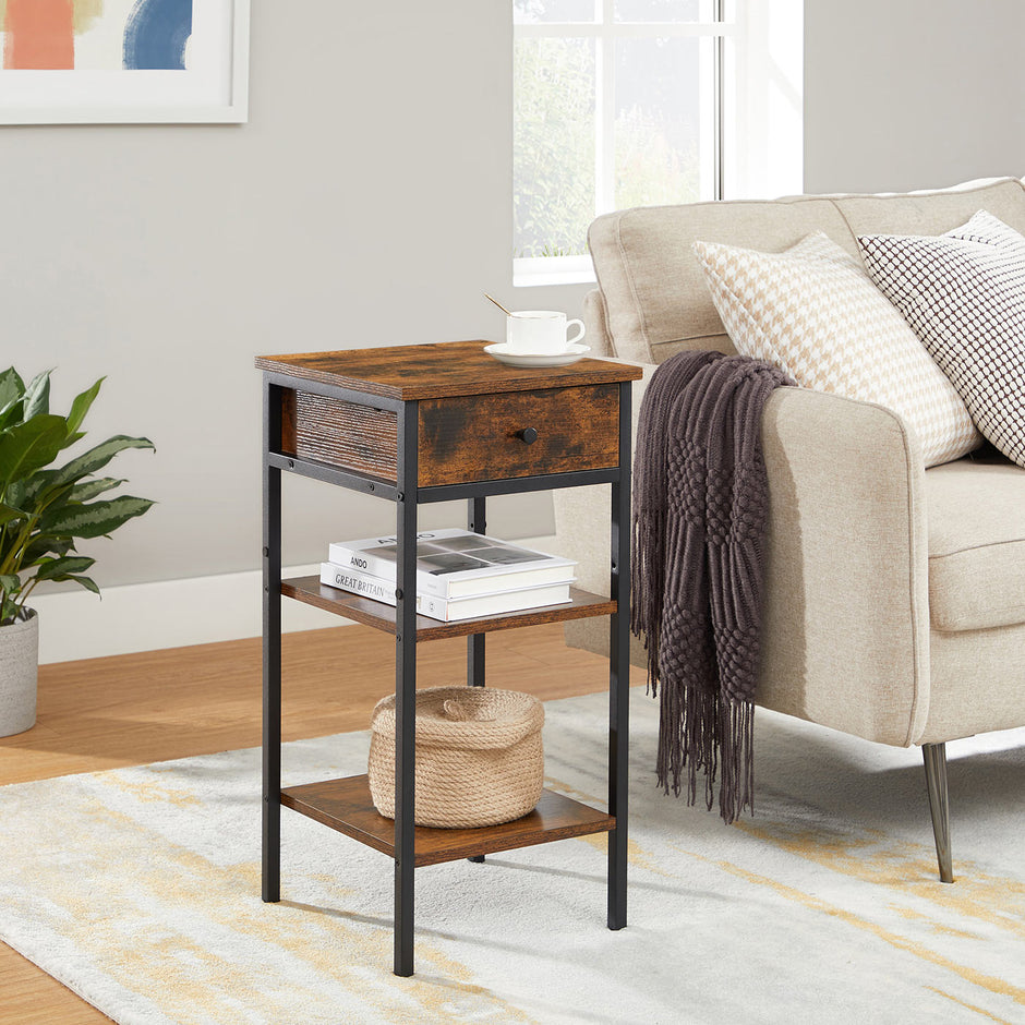 End Table – Wood and Metal – Rustic Brown and Black – Space-Saving Design with Drawer and Storage Shelves