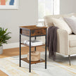 End Table – Wood and Metal – Rustic Brown and Black – Space-Saving Design with Drawer and Storage Shelves