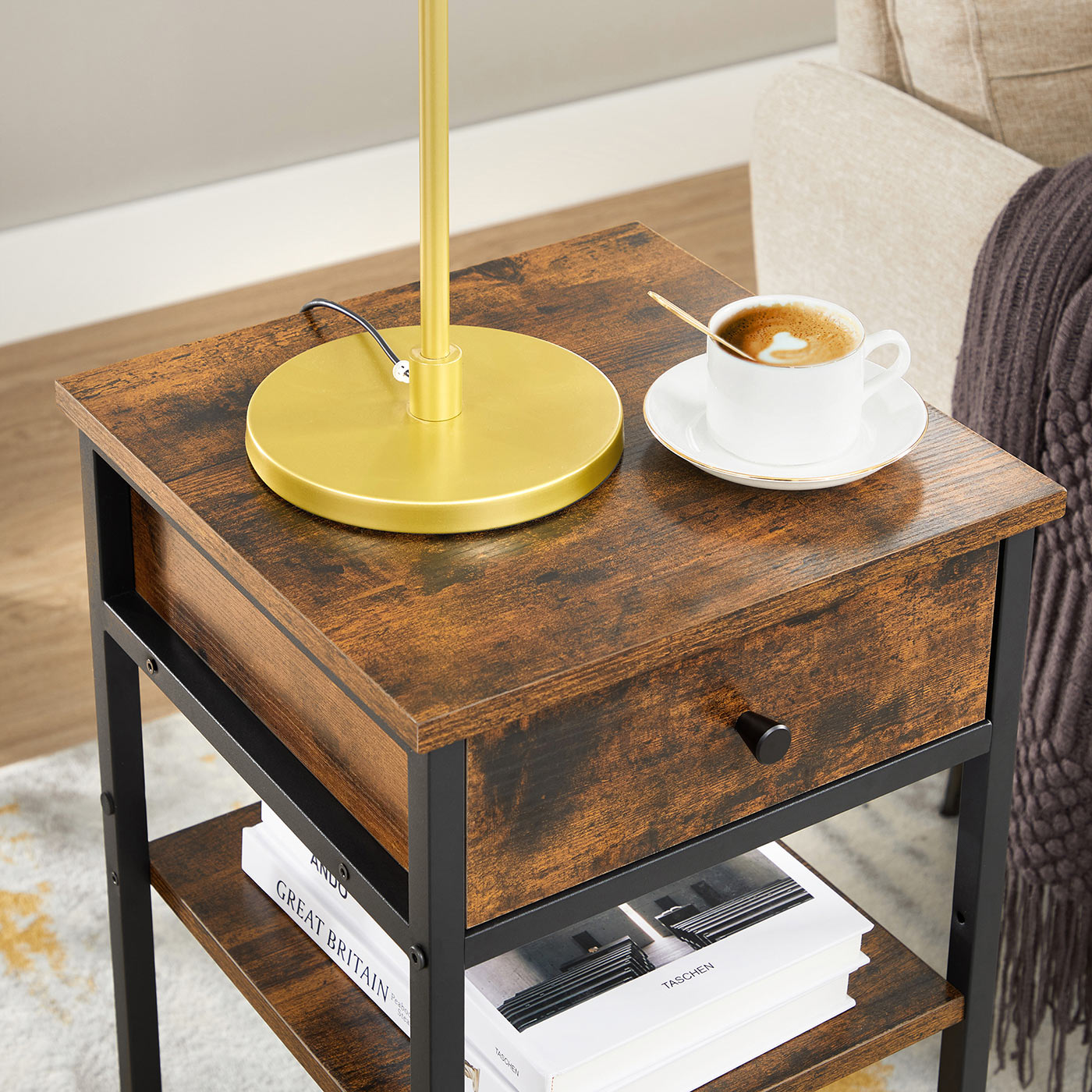 End Table – Wood and Metal – Rustic Brown and Black – Space-Saving Design with Drawer and Storage Shelves