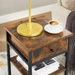 End Table – Wood and Metal – Rustic Brown and Black – Space-Saving Design with Drawer and Storage Shelves