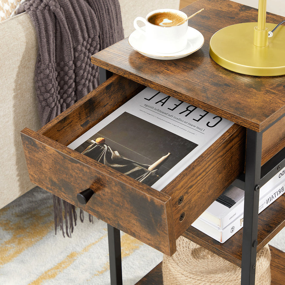 End Table – Wood and Metal – Rustic Brown and Black – Space-Saving Design with Drawer and Storage Shelves