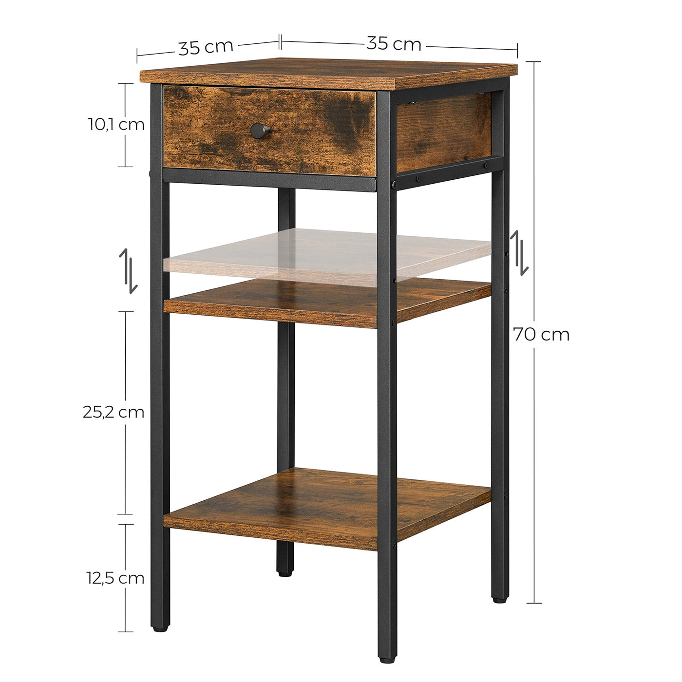End Table – Wood and Metal – Rustic Brown and Black – Space-Saving Design with Drawer and Storage Shelves