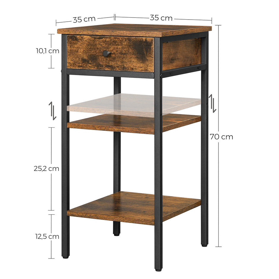 End Table – Wood and Metal – Rustic Brown and Black – Space-Saving Design with Drawer and Storage Shelves