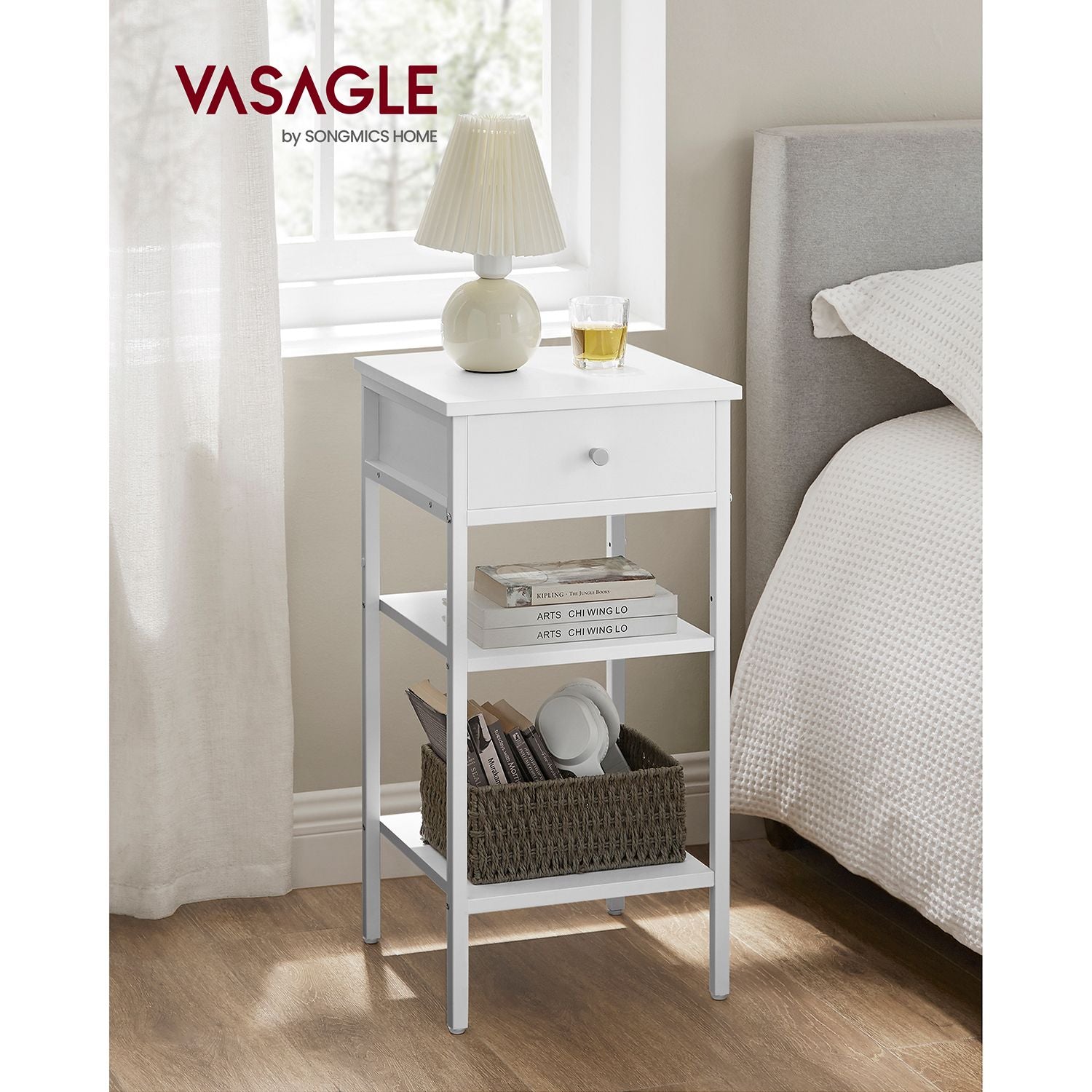 Tall Bedside Table – Wood and Metal – Rustic Brown and Black – Drawer and 2 Storage Shelves