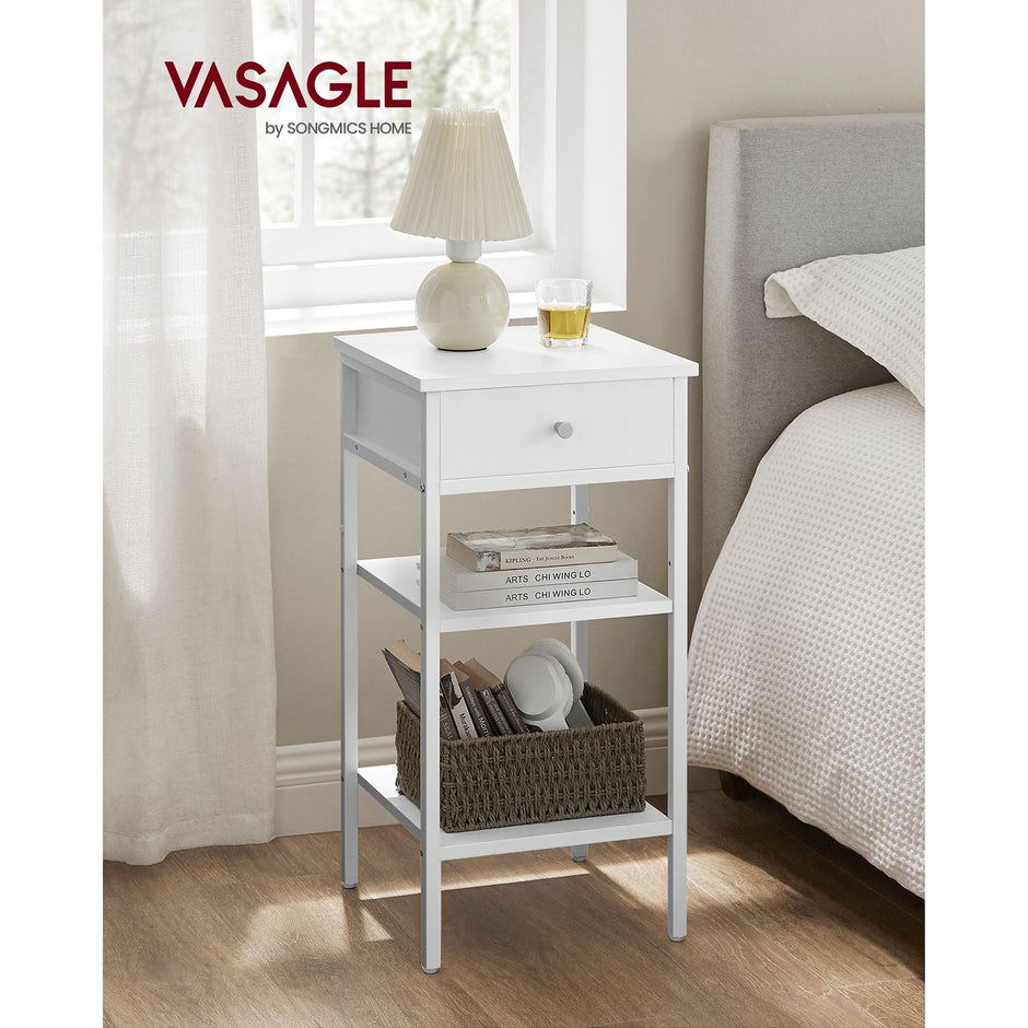 Tall Bedside Table – Wood and Metal – Rustic Brown and Black – Drawer and 2 Storage Shelves
