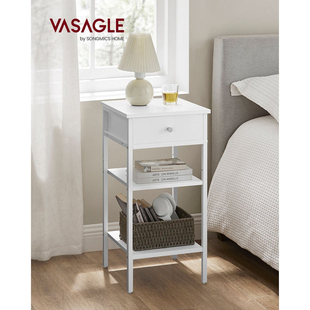 Tall Bedside Table – Wood and Metal – Rustic Brown and Black – Drawer and 2 Storage Shelves