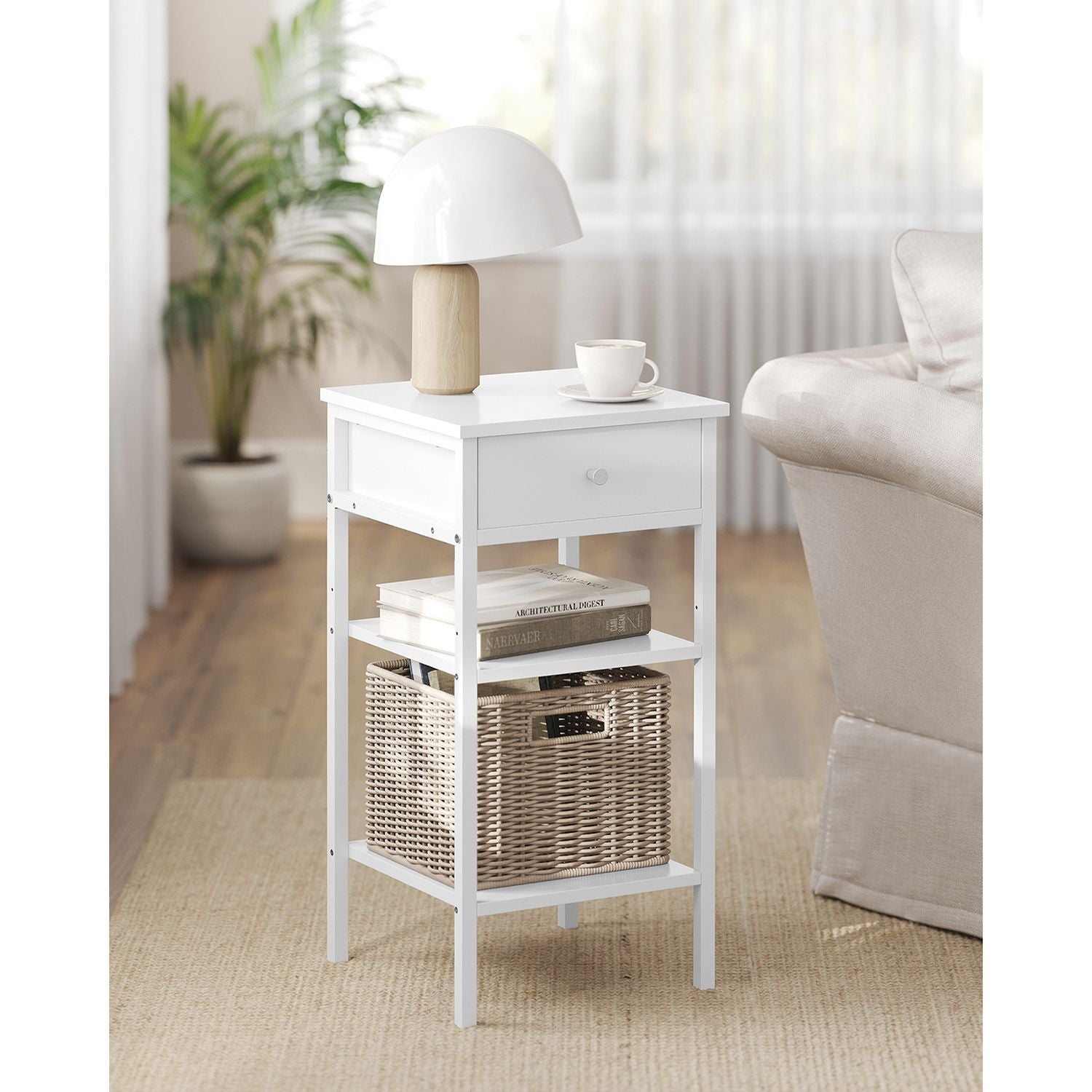 Tall Bedside Table – Wood and Metal – Rustic Brown and Black – Drawer and 2 Storage Shelves