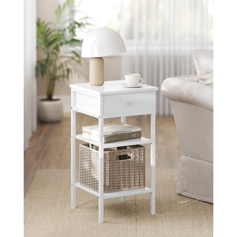 Tall Bedside Table – Wood and Metal – Rustic Brown and Black – Drawer and 2 Storage Shelves