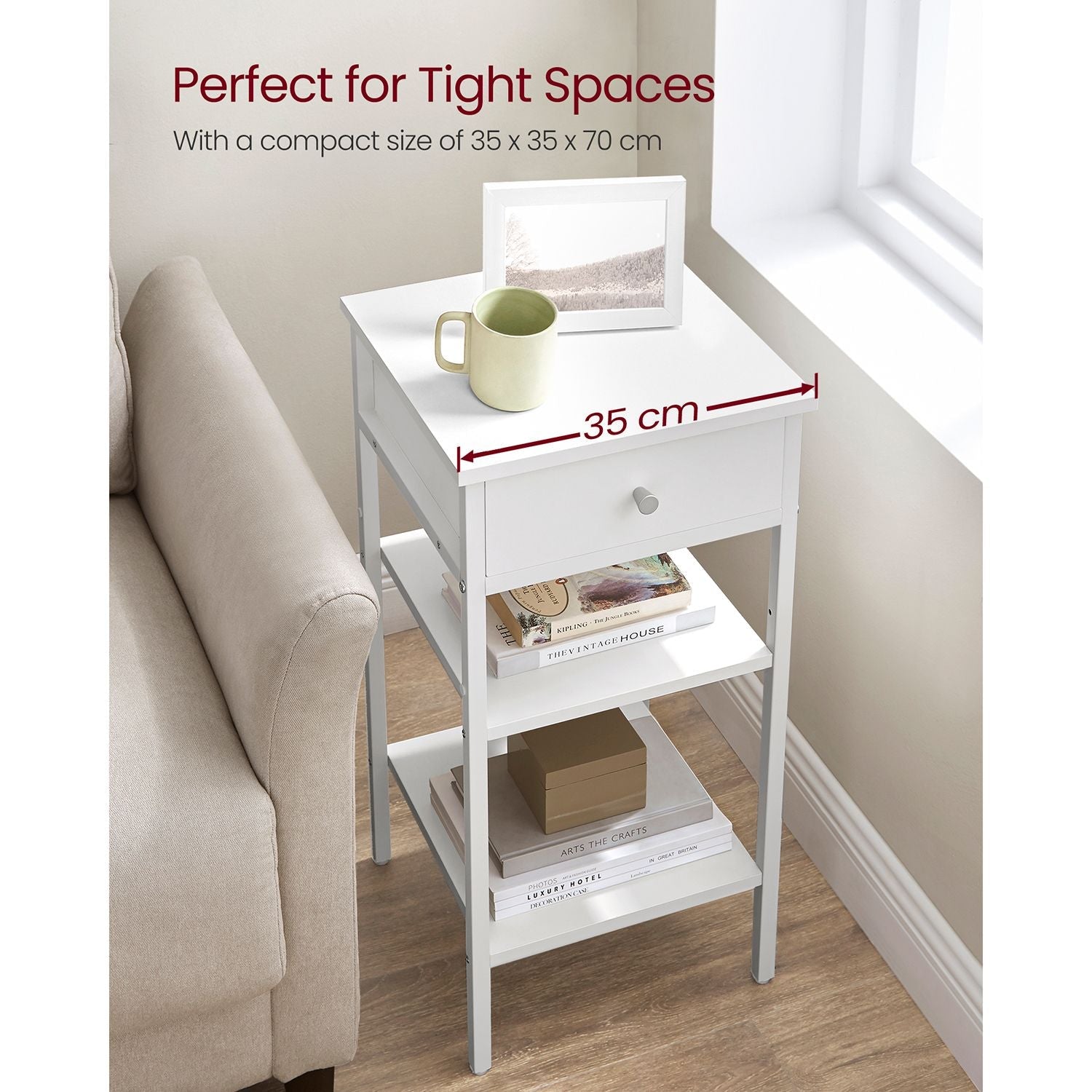 Tall Bedside Table – Wood and Metal – Rustic Brown and Black – Drawer and 2 Storage Shelves