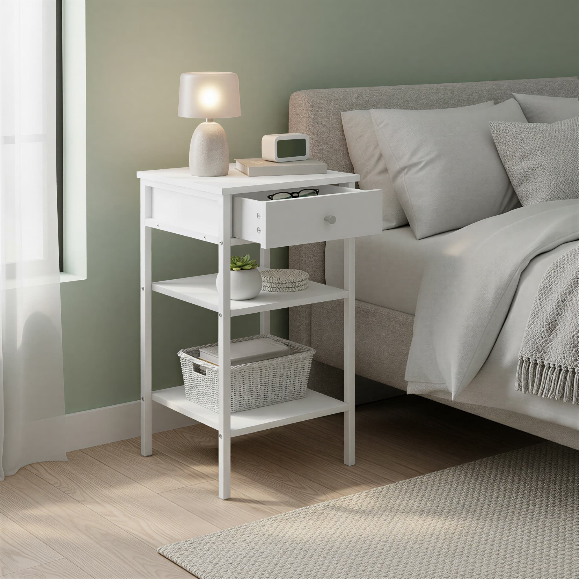 Nightstand – Wood and Metal – Rustic Brown and Black – Space-Saving with Drawer and 2 Storage Shelves