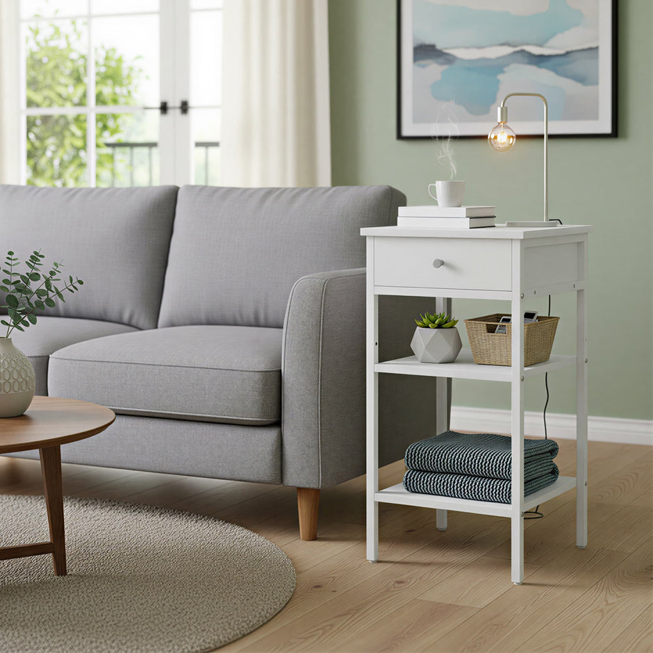Nightstand – Wood and Metal – Rustic Brown and Black – Space-Saving with Drawer and 2 Storage Shelves
