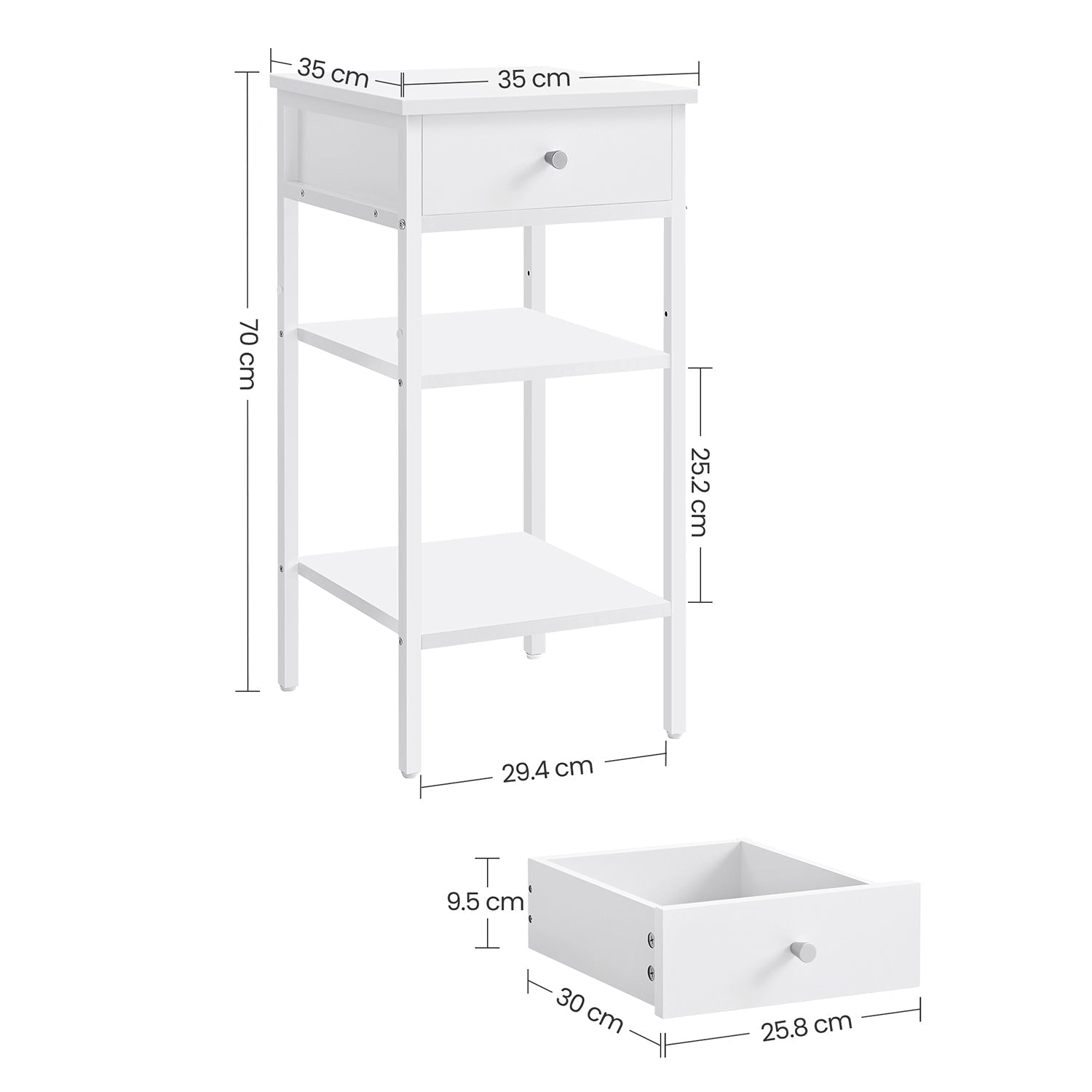Tall Bedside Table – Wood and Metal – Rustic Brown and Black – Drawer and 2 Storage Shelves