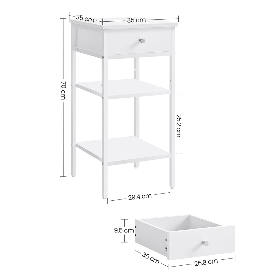 Tall Bedside Table – Wood and Metal – Rustic Brown and Black – Drawer and 2 Storage Shelves