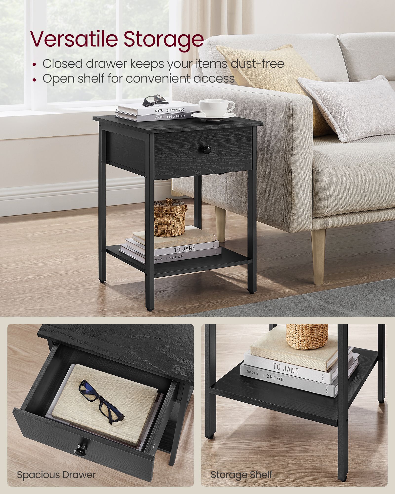 Bedside Table – Steel Frame – Ebony Black – Drawer and Shelf Equipped