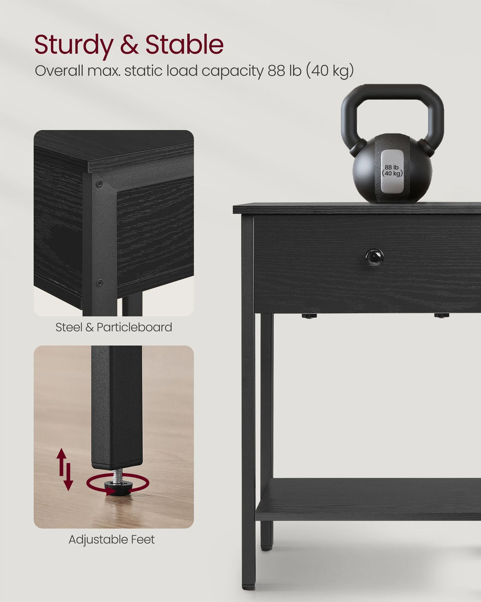 Bedside Table – Steel Frame – Ebony Black – Drawer and Shelf Equipped