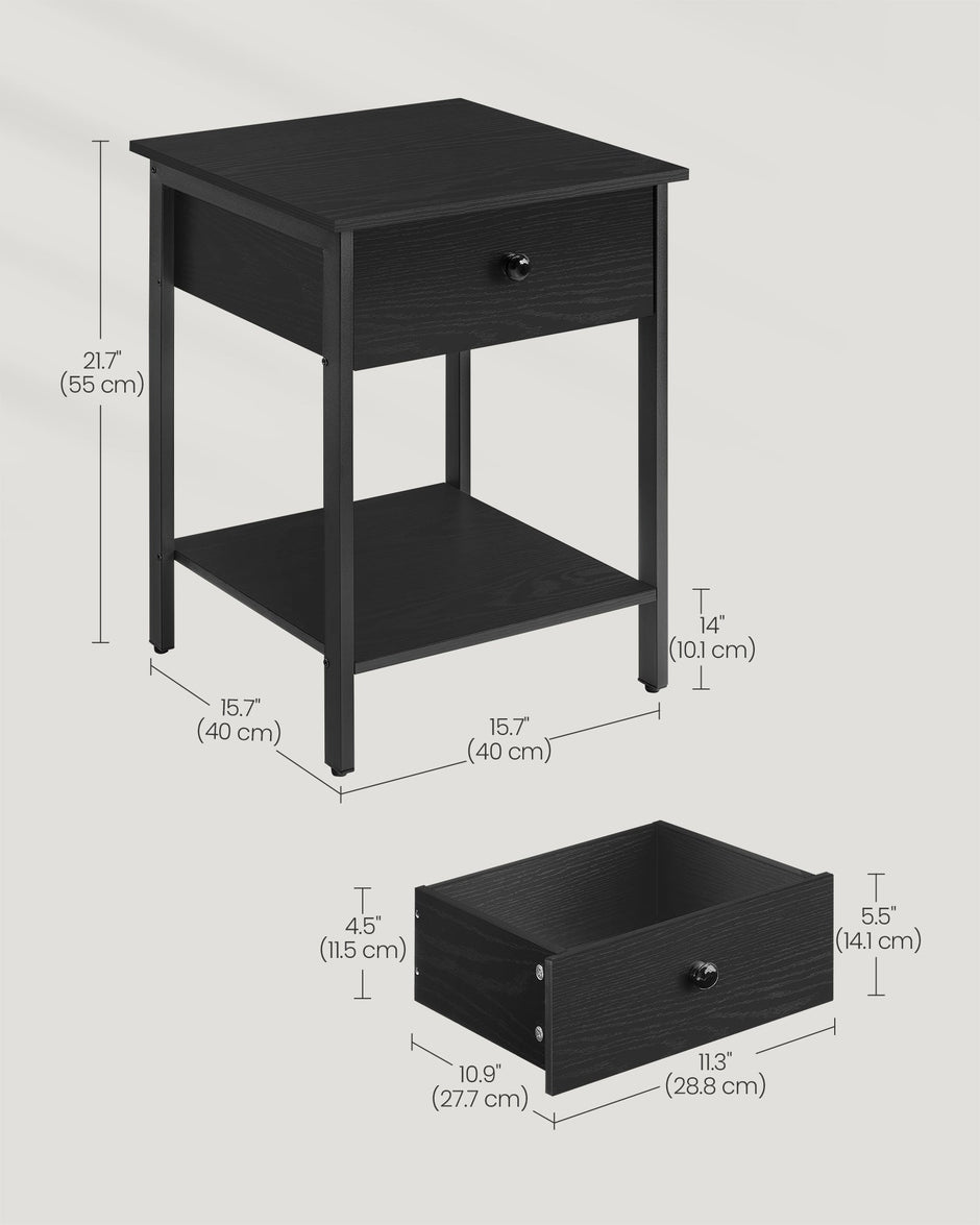 Bedside Table – Steel Frame – Ebony Black – Drawer and Shelf Equipped