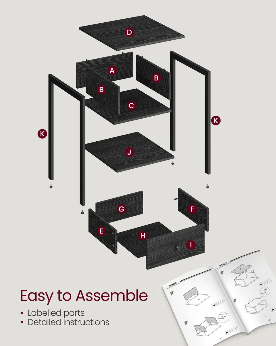 Bedside Table – Steel Frame – Ebony Black – Drawer and Shelf Equipped