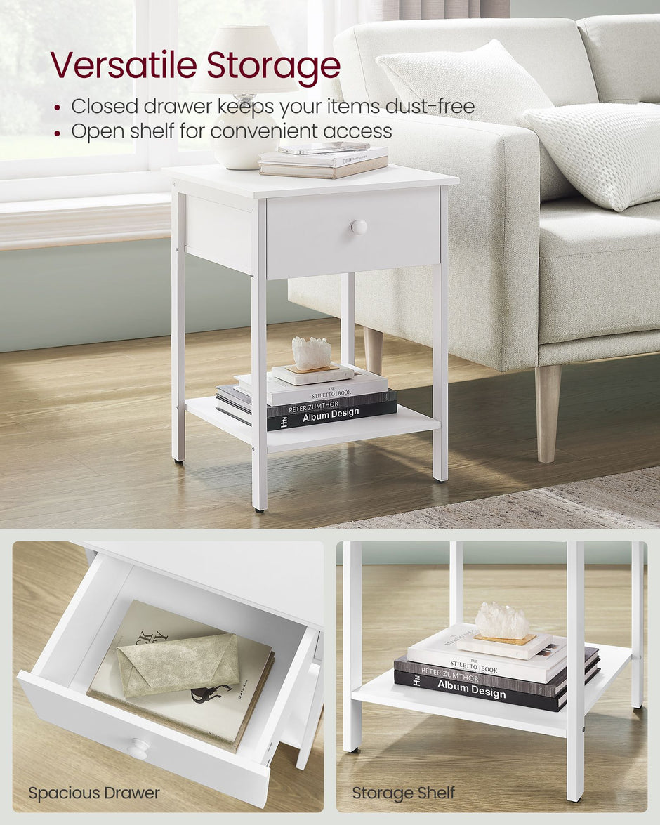 Bedside Table – Steel Frame – Matte White – With Drawer and Shelf