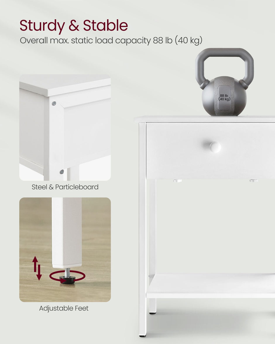 Bedside Table – Steel Frame – Matte White – With Drawer and Shelf