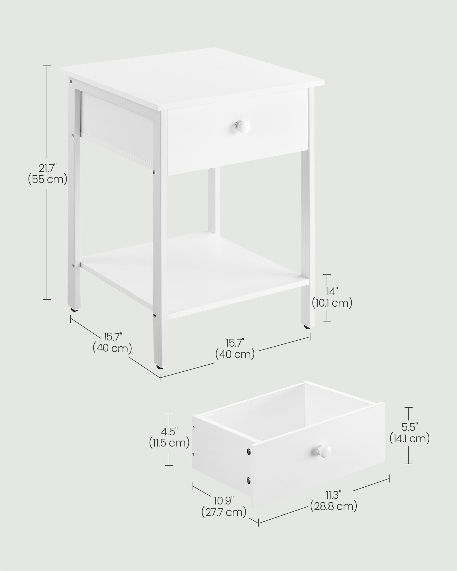 Bedside Table – Steel Frame – Matte White – With Drawer and Shelf