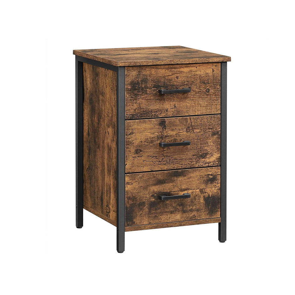 Bedside Table – Particle Board – Rustic Brown and Black – 3 Drawers, Industrial Style