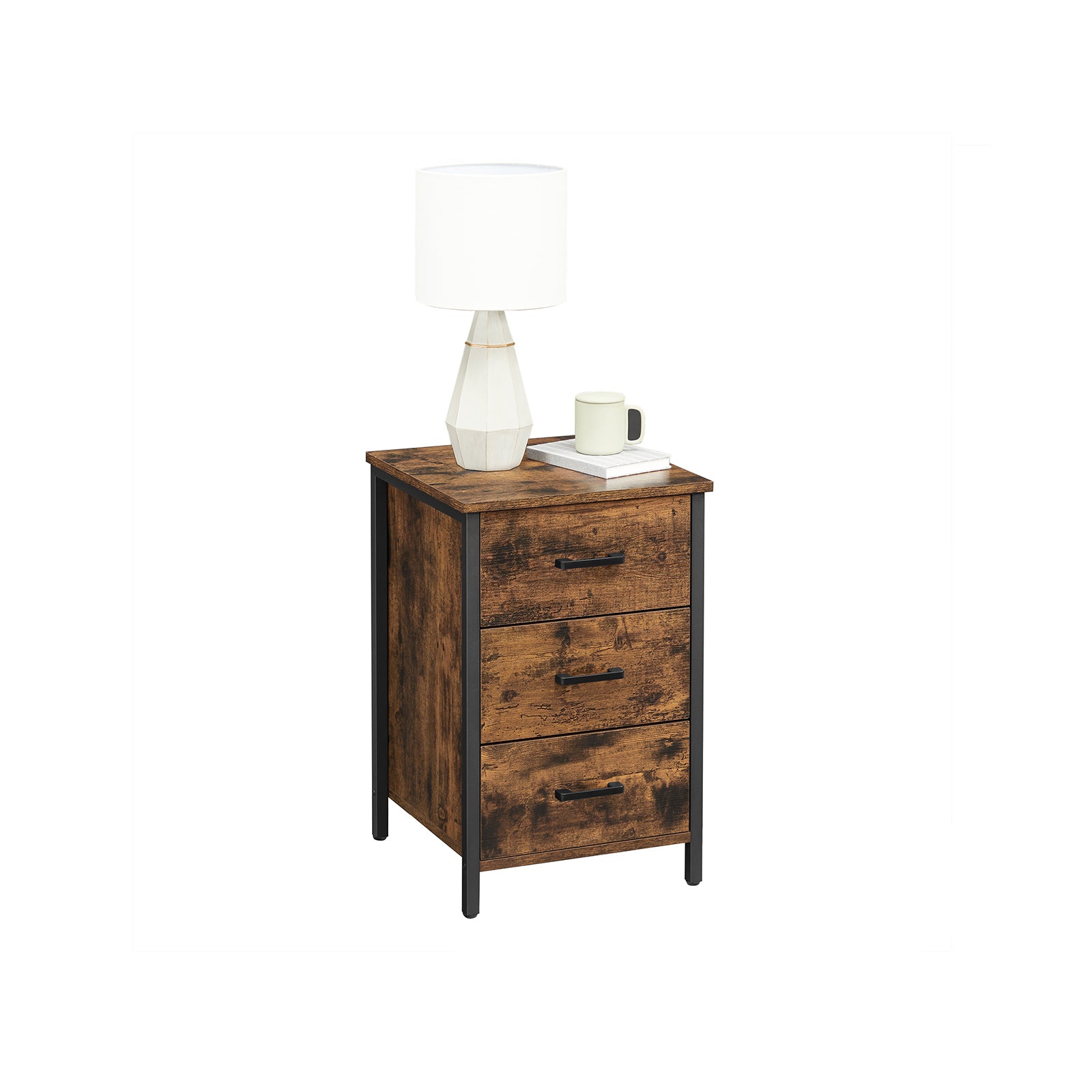 Bedside Table – Particle Board – Rustic Brown and Black – 3 Drawers, Industrial Style