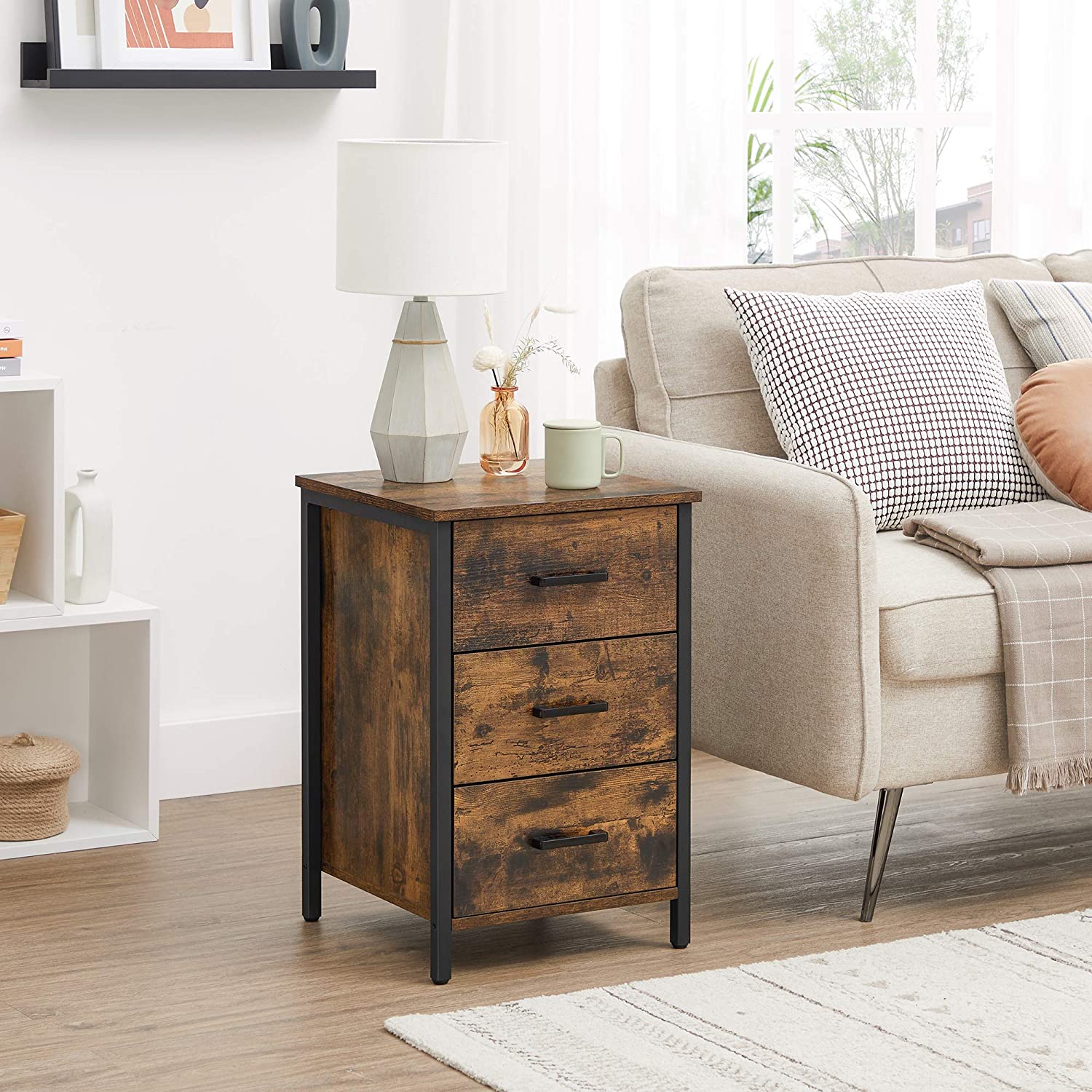 Bedside Table – Particle Board – Rustic Brown and Black – 3 Drawers, Industrial Style