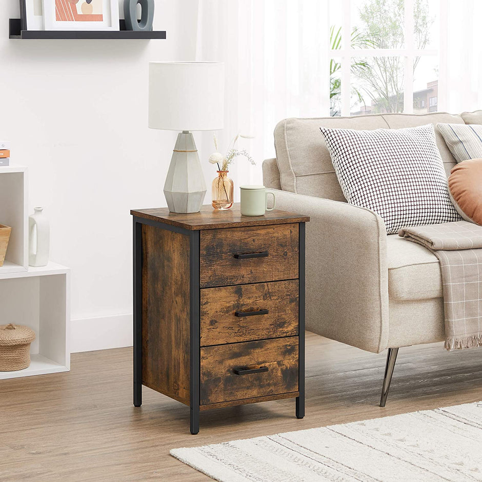 Bedside Table – Particle Board – Rustic Brown and Black – 3 Drawers, Industrial Style