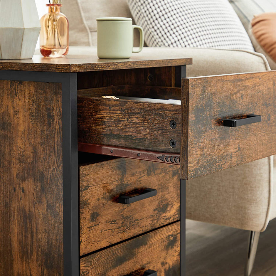 Bedside Table – Particle Board – Rustic Brown and Black – 3 Drawers, Industrial Style