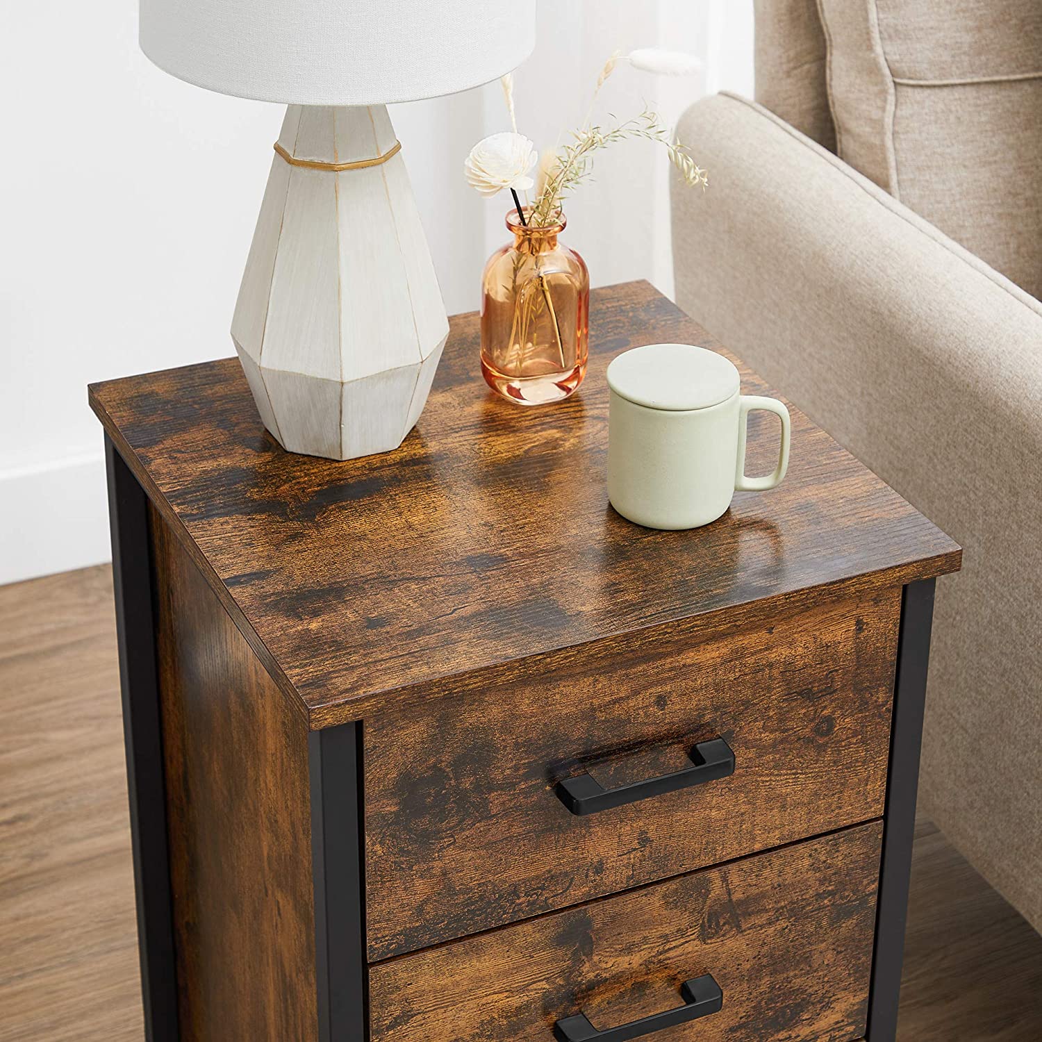 Bedside Table – Particle Board – Rustic Brown and Black – 3 Drawers, Industrial Style