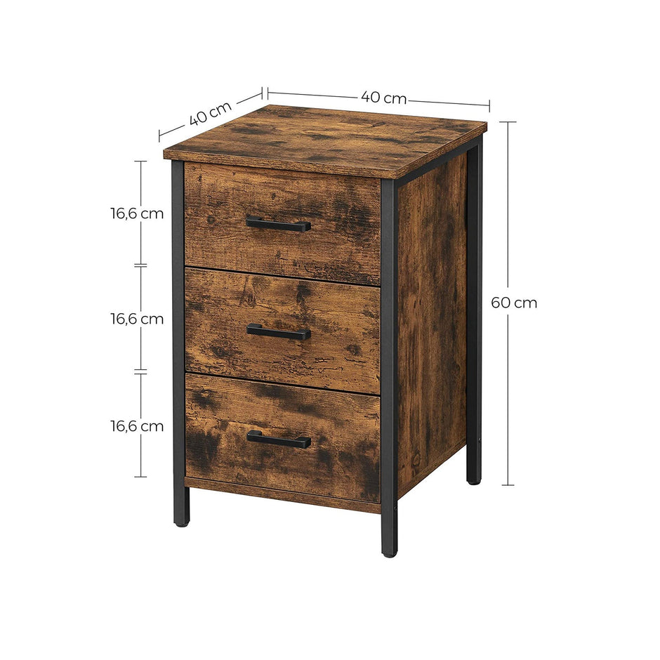Bedside Table – Particle Board – Rustic Brown and Black – 3 Drawers, Industrial Style