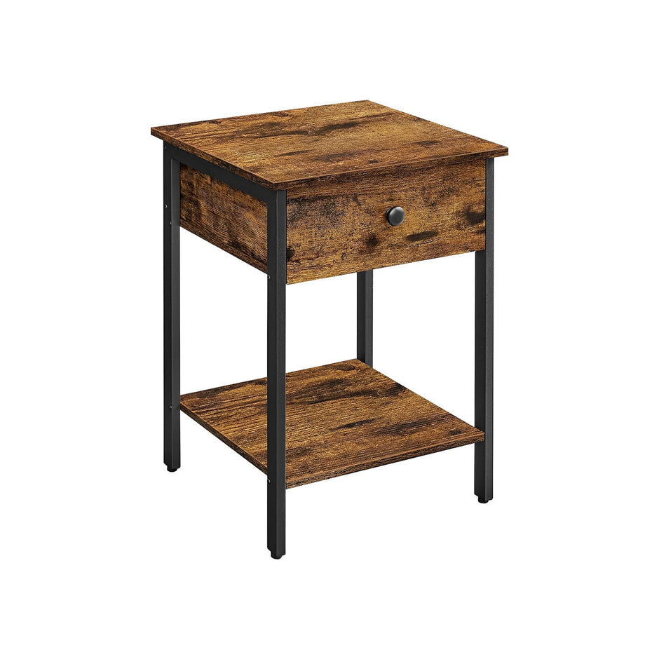 Nightstand – Metal – Rustic Brown – Industrial Design with Drawer and Shelf