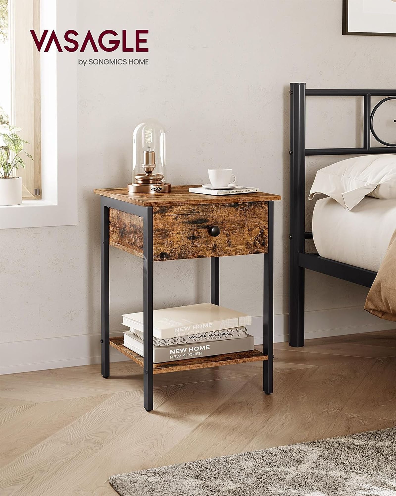 Nightstand – Metal – Rustic Brown – Industrial Design with Drawer and Shelf