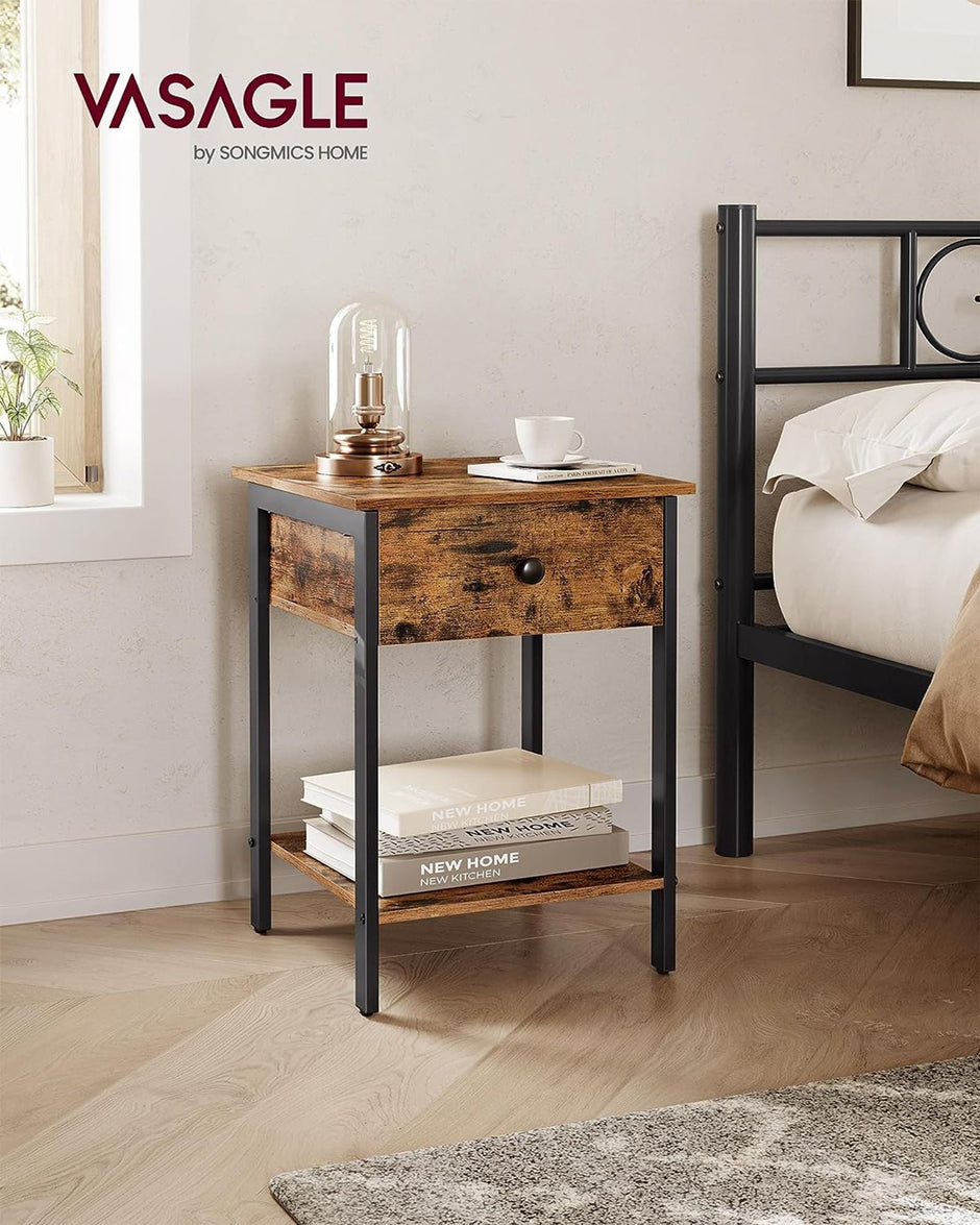 Nightstand – Metal – Rustic Brown – Industrial Design with Drawer and Shelf