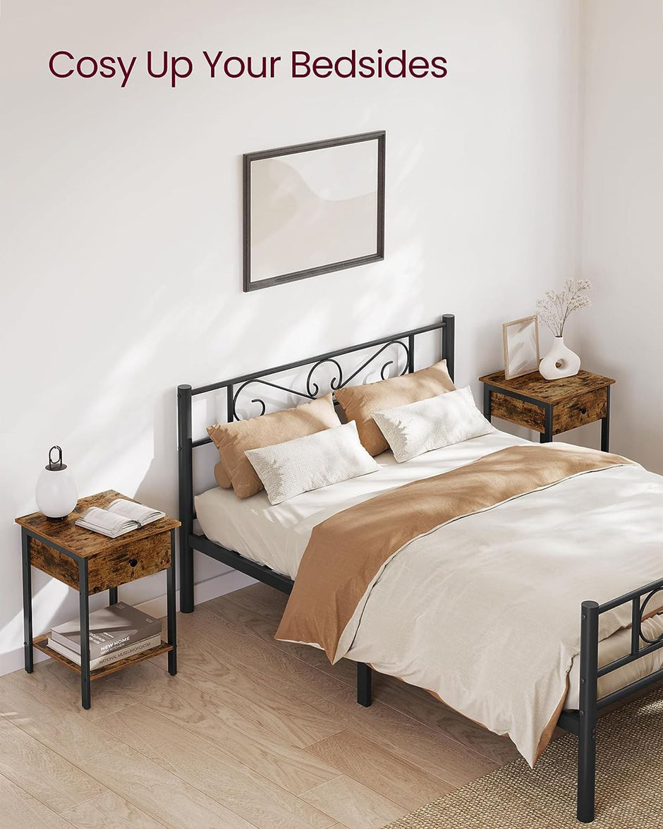 Nightstand – Metal – Rustic Brown – Industrial Design with Drawer and Shelf