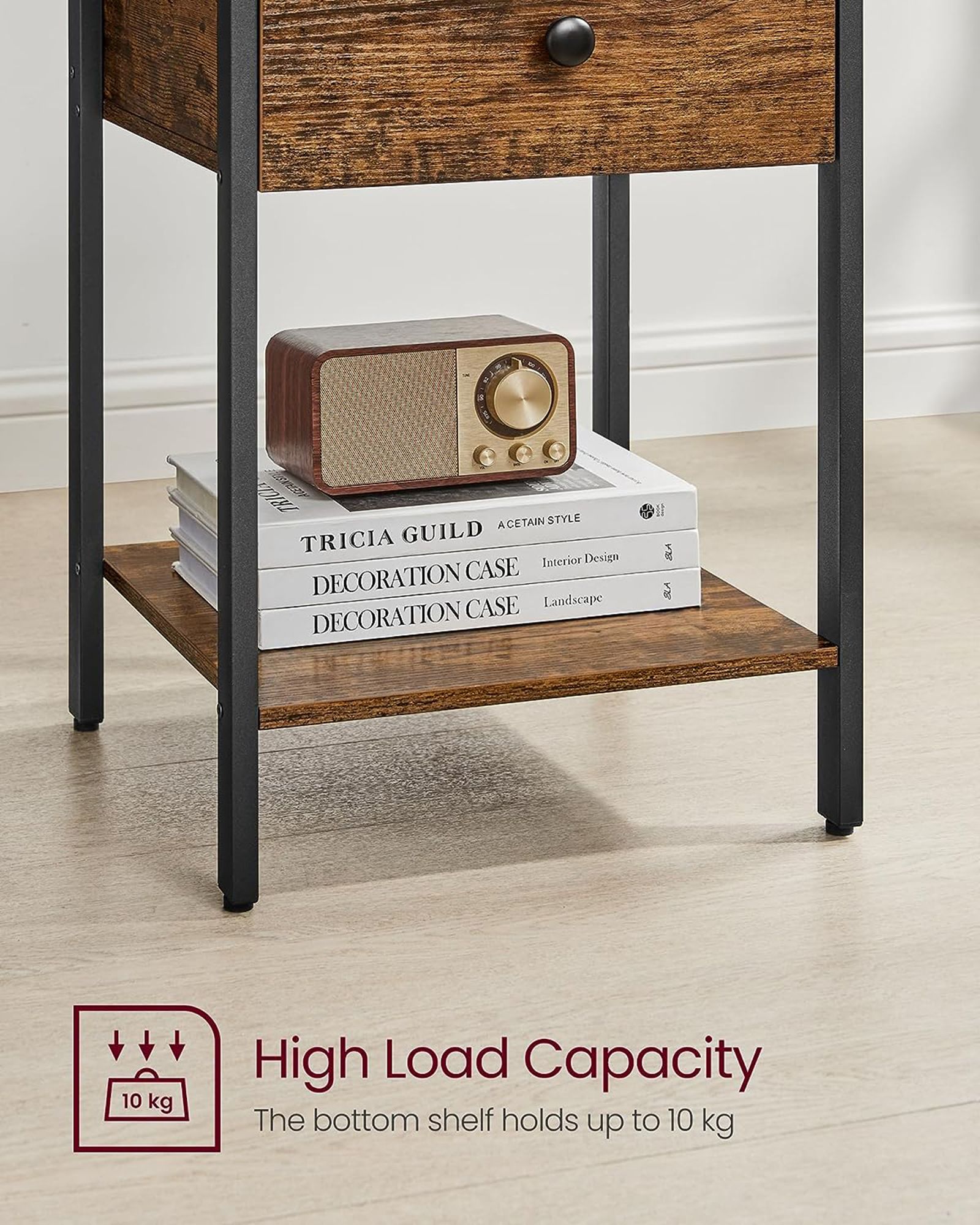 Nightstand – Metal – Rustic Brown – Industrial Design with Drawer and Shelf