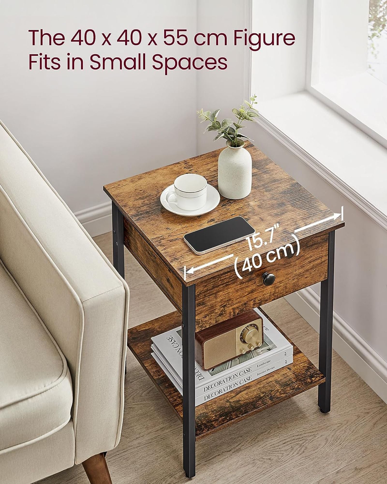 Nightstand – Metal – Rustic Brown – Industrial Design with Drawer and Shelf