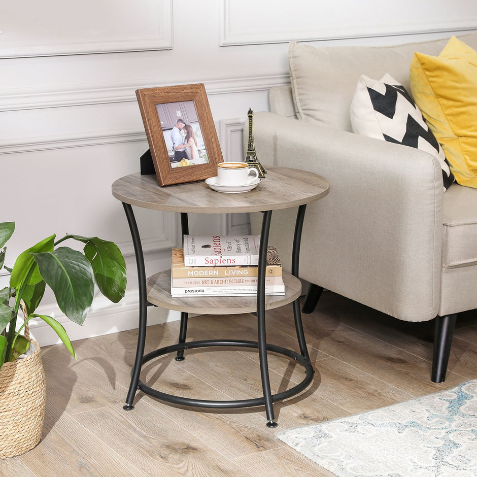 Round End Table – Metal – Rustic Brown – Industrial Design, 2 Shelves
