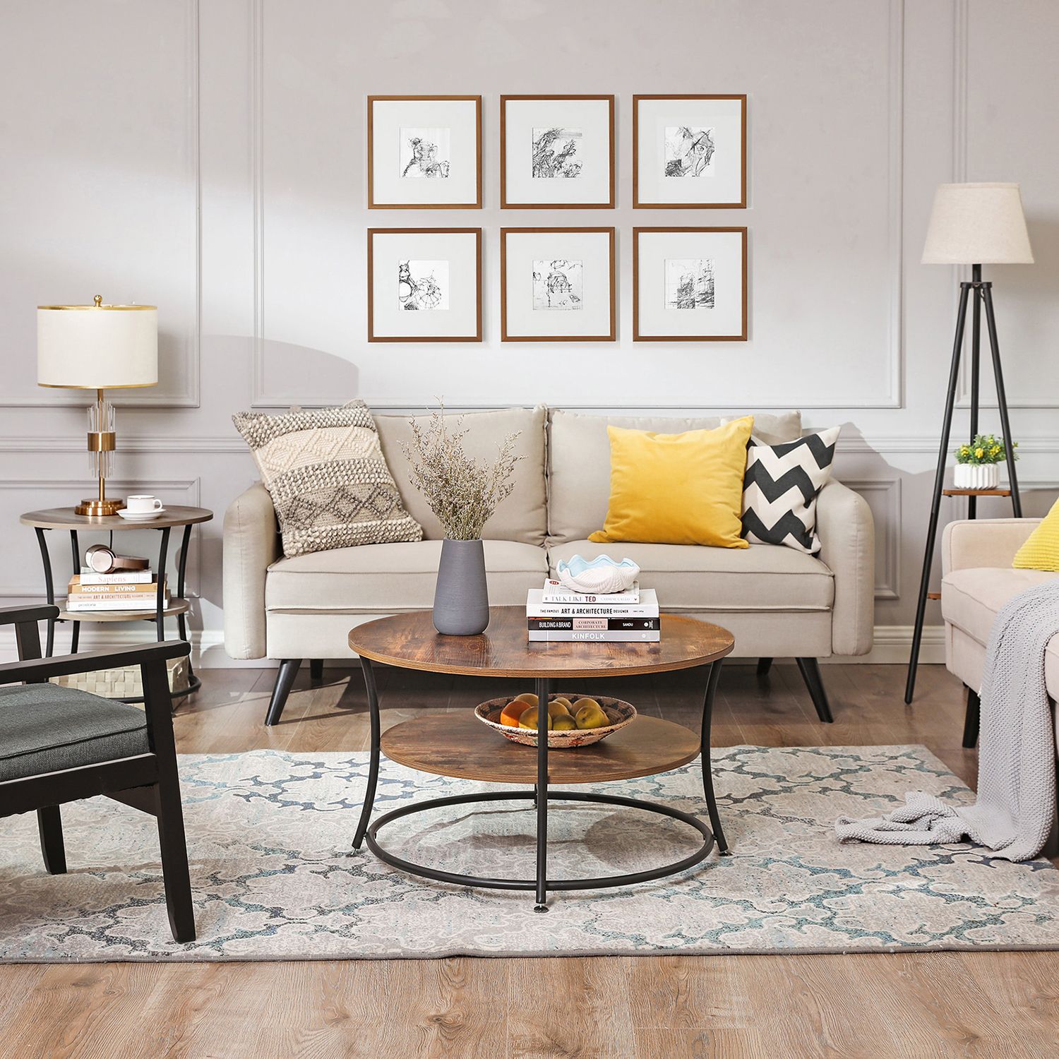 Round End Table – Metal – Rustic Brown – Industrial Design, 2 Shelves