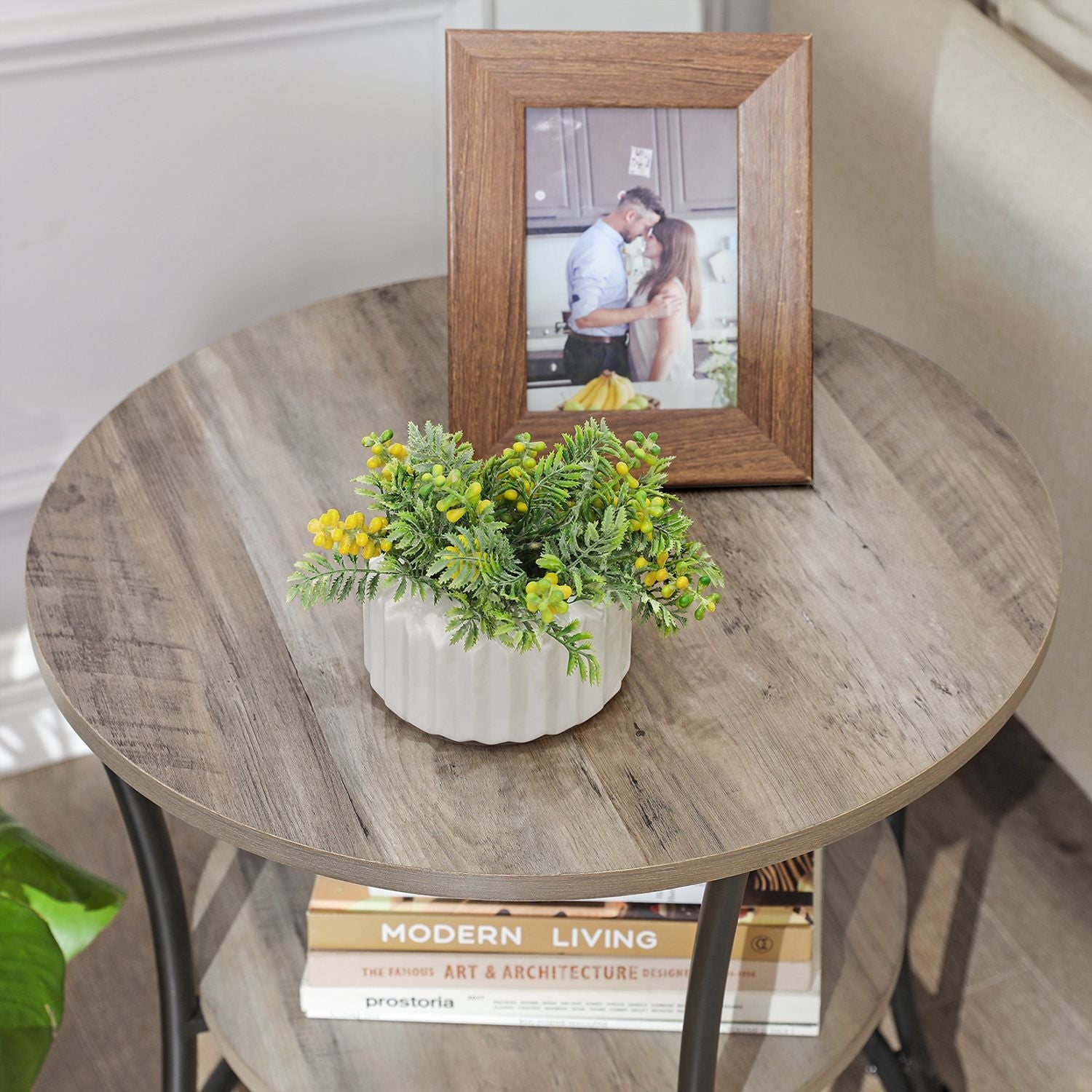 Round End Table – Metal – Rustic Brown – Industrial Design, 2 Shelves