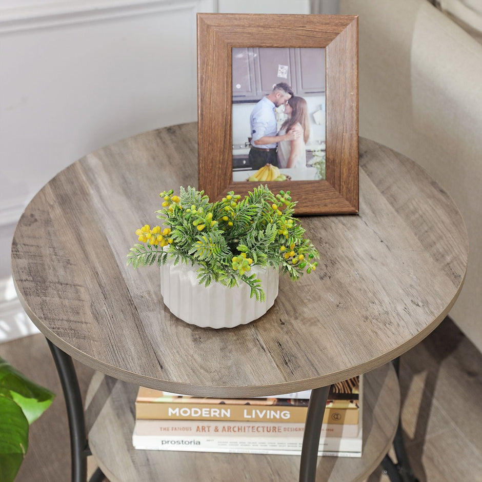 Round End Table – Metal – Rustic Brown – Industrial Design, 2 Shelves