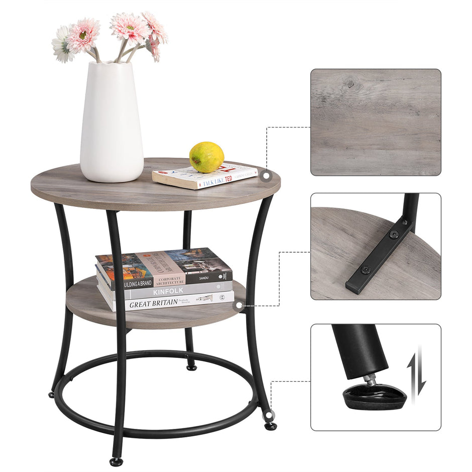 Round End Table – Metal – Rustic Brown – Industrial Design, 2 Shelves