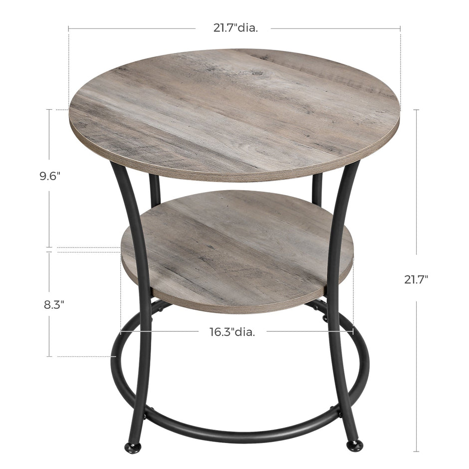 Round End Table – Metal – Rustic Brown – Industrial Design, 2 Shelves