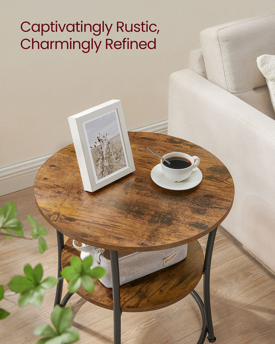Side Table – Metal – Rustic Brown – 2 Shelves, Industrial Design