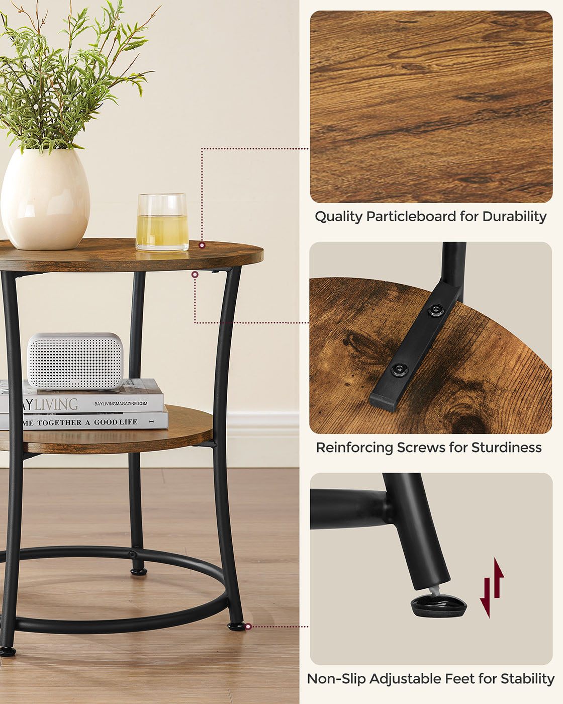 Side Table – Metal – Rustic Brown – 2 Shelves, Industrial Design